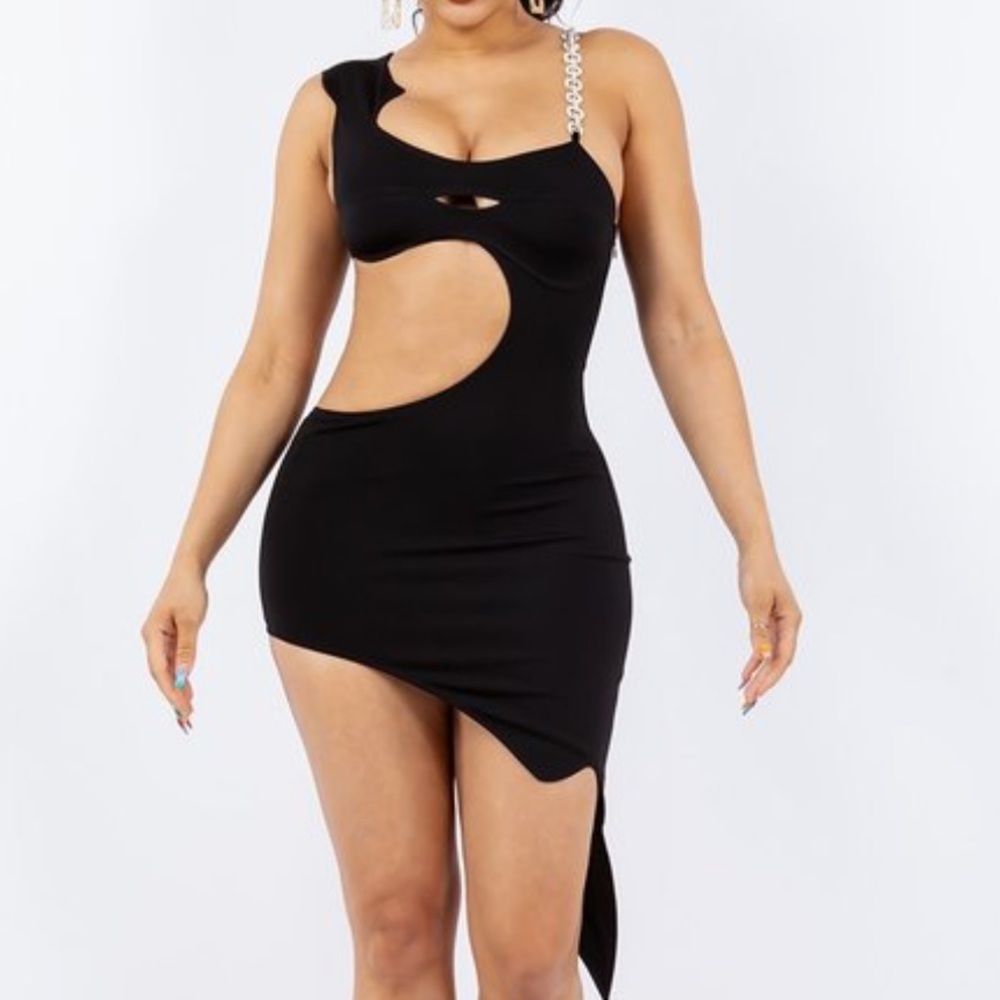 Woman’s size SMALL black cocktail dress. Rhinestone strap. Side cut out